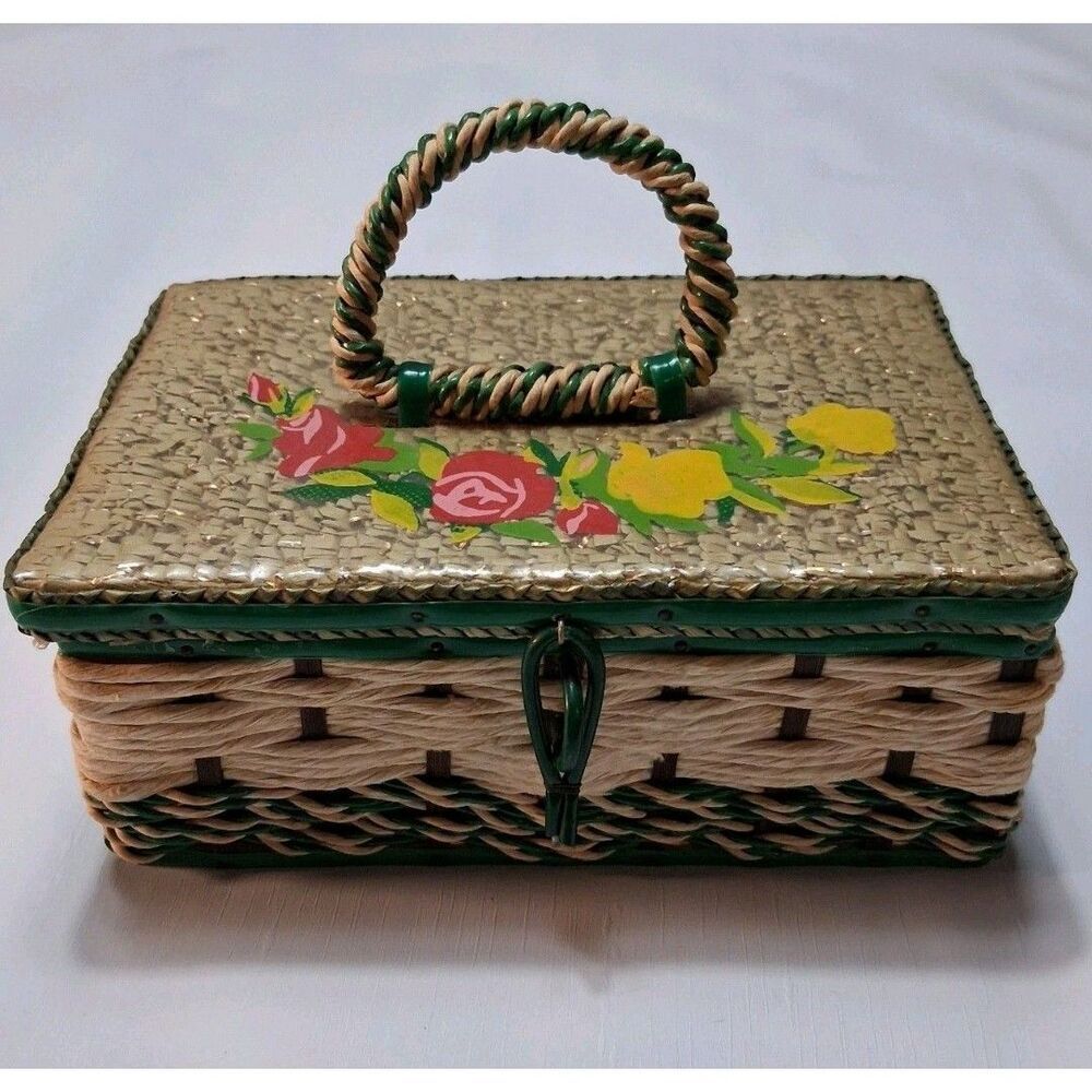 Vintage Wicker Sewing Basket Floral Painted Lid Mid Century 1950s Box